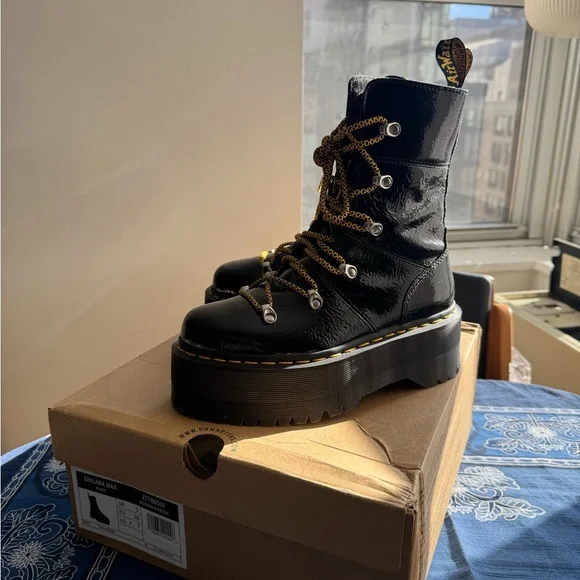 Dr Marten Black Platform Boots with Yellow Laces - Picture 7 of 8